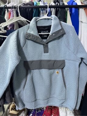 Carhartt Light Blue Sherpa Pullover with Gray Trim and Yellow Logo